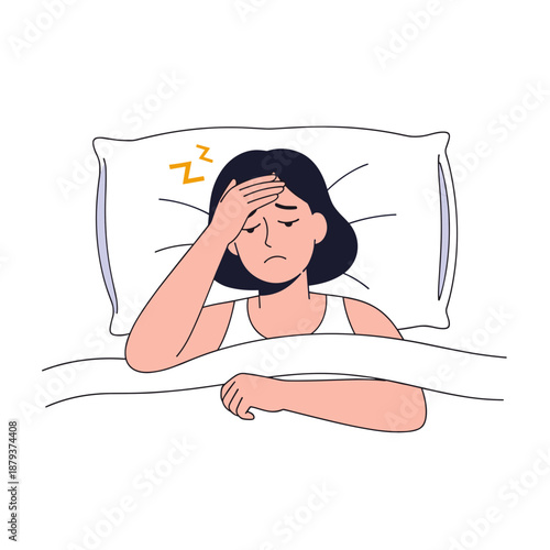 Woman experiencing headache while lying in bed with a pained expression