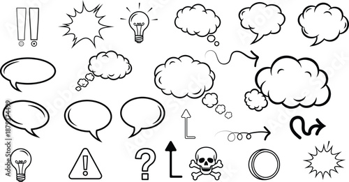 A collection of various speech bubbles and icons in silhouette form