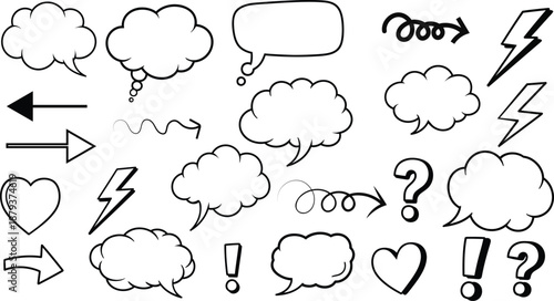 A collection of black and white silhouette speech bubbles and punctuation marks