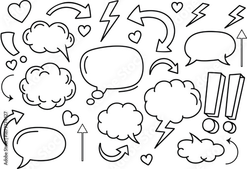 A collection of comic speech bubbles and symbols in silhouette