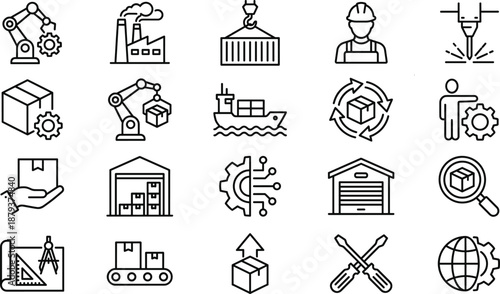 Industrial logistics and manufacturing outline icons set featuring factory warehouse automation shipping tools supply chain technology vector illustration