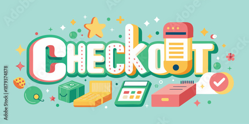 A playful, colorful kids logo design featuring rounded letters with a checkout theme, perfect for branding and identity projects.