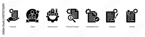 Project Execution web banner icon vector illustration featuring Proposal, Client, Infrastructure, Financial Analysis, Completed Form, Contract, and Charter.