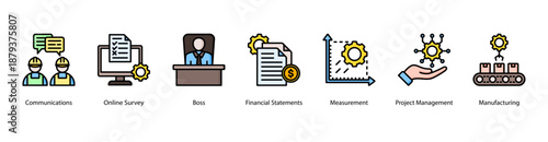 Workplace Communication web banner icon vector illustration featuring Communications, Online Survey, Boss, Financial Statements, Measurement, Project Management, and Manufacturing.