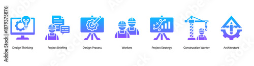Creative Development web banner icon vector illustration featuring Design Thinking, Project Briefing, Design Process, Workers, Project Strategy, Construction Worker, and Architecture.