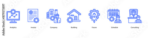Business Analytics web banner icon vector illustration featuring Analytics, Invoice, Company, Building, Future, Schedule, and Consulting.