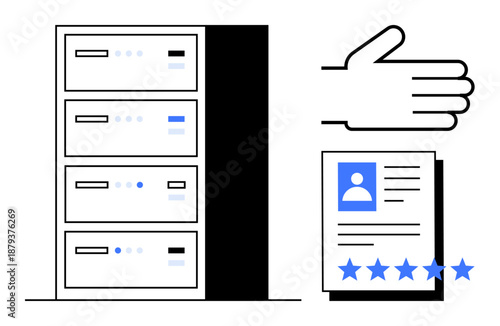Data servers alongside a hand gesture and a profile document with star ratings. Ideal for data management, customer reviews, IT infrastructure, database security, cloud storage, online reputation