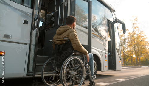 Person in a wheelchair disembarking from a motorhome on a paved road during autumn with golden foliage in the background