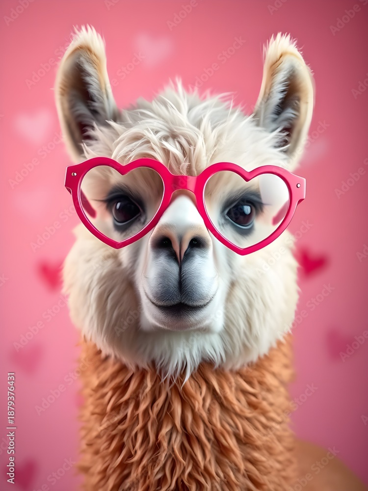 Fototapeta premium a llama wearing heart shape glasses in a pink valentine's day color background