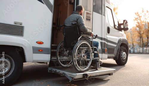 Person in a wheelchair disembarks from a motorhome using a wheelchair lift during daytime with autumn foliage in the background