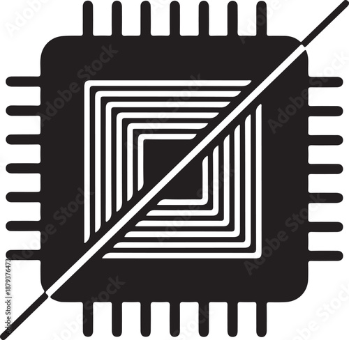 Black microchip icon with nested squares crossed out by thick diagonal line symbolizing system shutdown or error