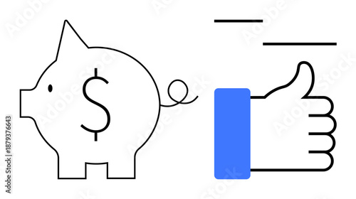 Financial savings. Piggy bank and thumbs-up positive financial decisions and planning. Financial savings encourage budgeting, expenditure control, and wealth management. For finance apps, advisory