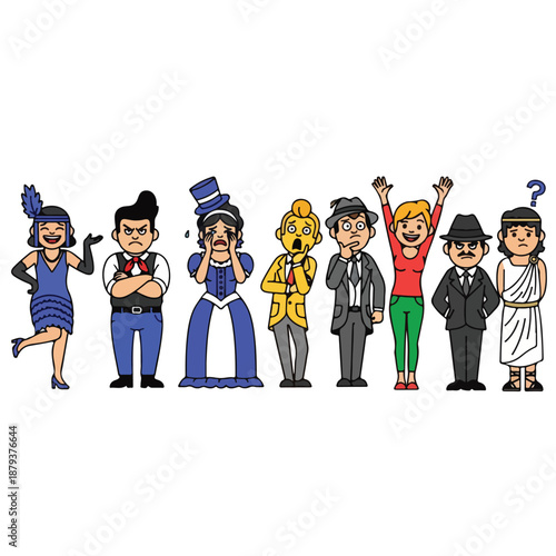 A cartoon illustration of eight people in different costumes
