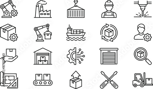 Industrial manufacturing and logistics outline icons set with factory warehouse automation shipping tools supply chain vector illustration design