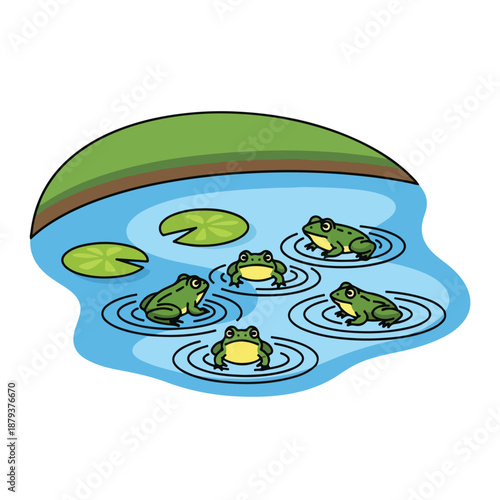 A cartoon illustration of five frogs in a pond with lily pads