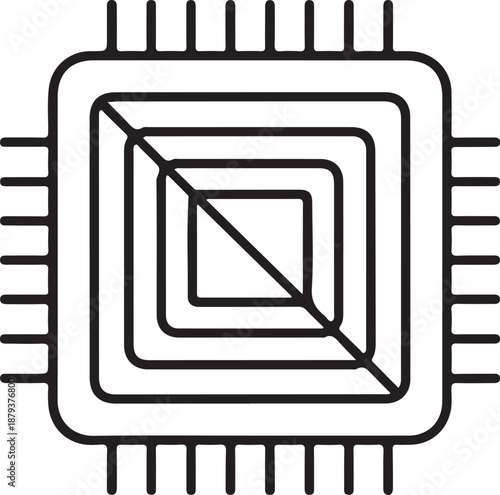 Central processing unit icon outline with nested squares and crossed diagonal line indicating failure or stop