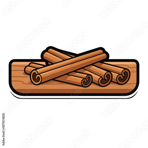 A cartoon illustration of several cinnamon sticks on a wooden board