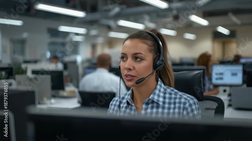 Customer service agent headset call center representative smiling focused in modern open office