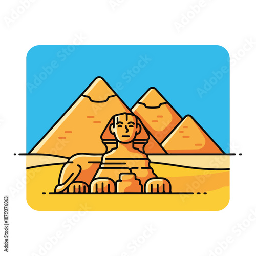 A cartoon illustration of the Great Sphinx of Giza in front of three pyramids