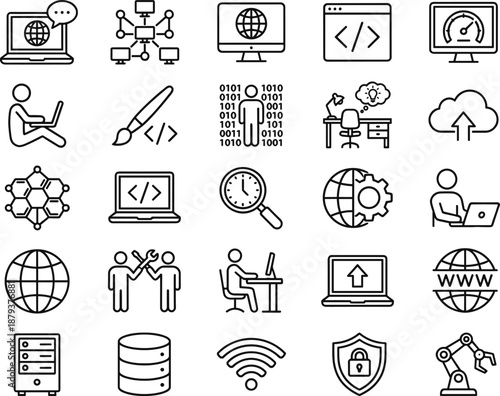 Technology development line icons set software coding cloud computing networking data security automation digital innovation flat outline vector illustration