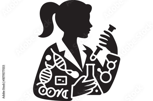 Female Scientist with Laboratory Equipment in Silhouette Style with White Icons on Black Background for Science Education