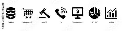 E Commerce Operations web banner icon vector illustration featuring Database, Shopping Cart, Auction, Call, Online Payment, Pie Chart, and Statistics for retail systems.