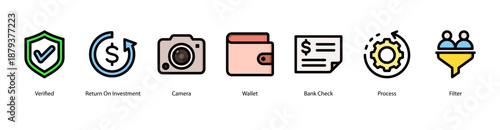 Financial Reporting web banner icon vector illustration featuring Verified, Return On Investment, Camera, Wallet, Bank Check, Process, and Filter for data accuracy and insight.