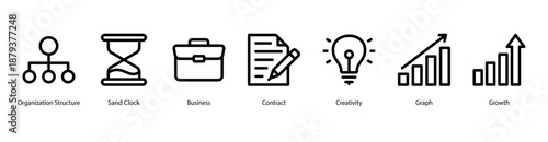 Corporate Structure web banner icon vector illustration featuring Organization Structure, Sand Clock, Business, Contract, Creativity, Graph, and Growth to support enterprise planning.