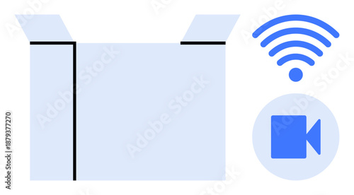 E-commerce packaging, remote technology, digital communication, virtual meetings, data sharing, content creation. An open box next to wireless and video icons. Digital communication and remote