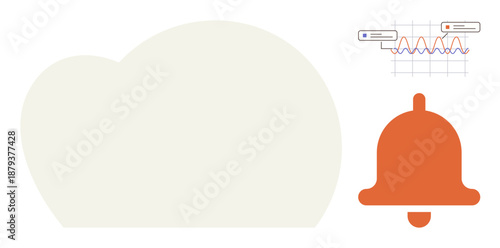 Data management, notifications, cloud computing, information analytics, technology alerts, tracking trends. Graphic of a bell, cloud shape and data graph. Cloud computing and notifications concept