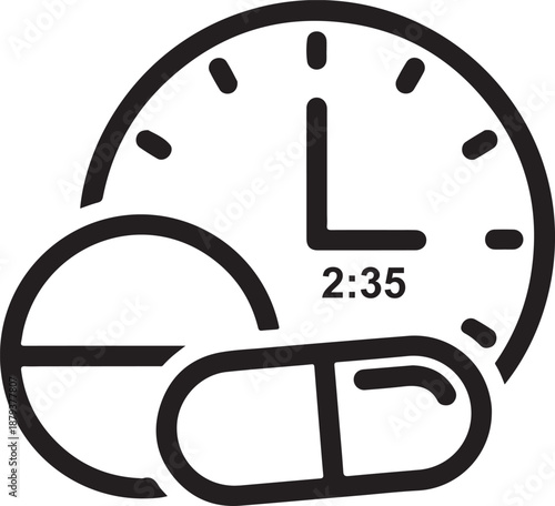 Medication schedule reminder with clock face and pills showing 2:35 time for health and wellness planning