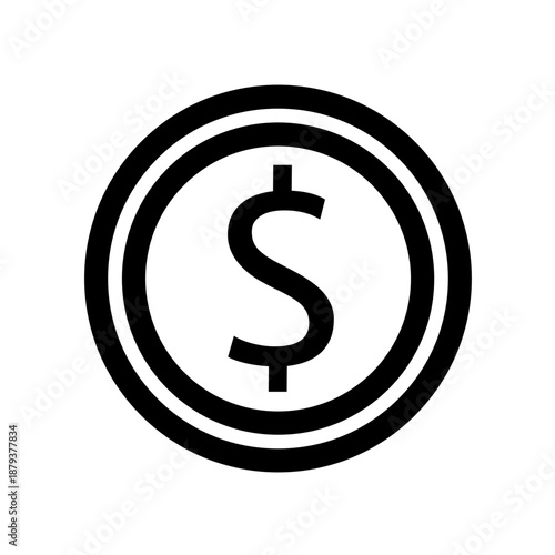 Black dollar symbol inside double circle representing money, finance, currency, and simple economic concept