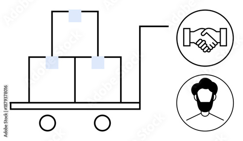Logistics concept. Logistics ed by a cart with boxes, a handshake partnership, and a profile icon. Logistics, supply chain, collaboration, parcel delivery services, teamwork in businesses