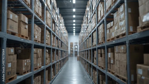 Wallpaper Mural Packed warehouse aisle with stacked cardboard boxes pallet shelving and industrial shelving Torontodigital.ca