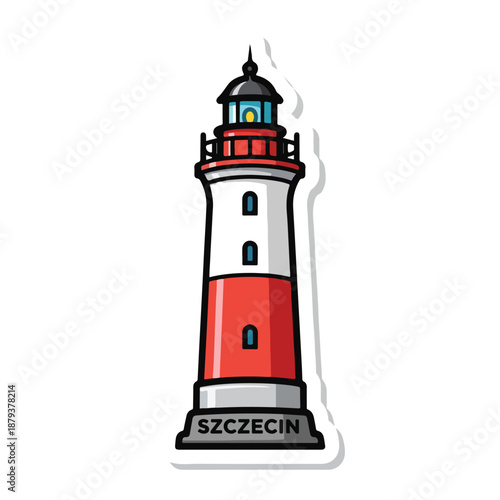 A cartoon lighthouse with a red base and white upper section