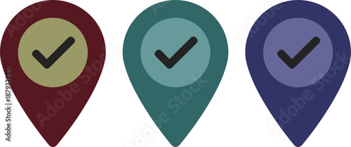 Colorful map pin pointers with checkmark symbols for verified location tracking completed destinations and travel mobile application interface