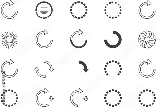 Comprehensive collection of loading and refresh icons featuring circular arrows progress wheels and radial symbols for web interface design.