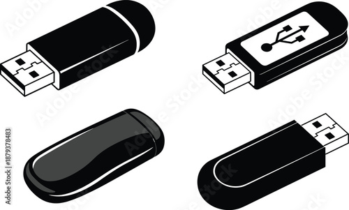 Collection of USB Flash Drive Vector Illustrations Featuring Different Memory Stick Designs for Data Storage Backup Digital File Transfer Portable Technology and Hardware Connectivity