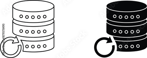 Database storage icons in outline and solid black styles featuring a refresh arrow for data recovery and server updates.