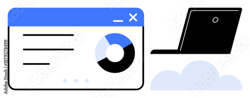 Data analysis, technology workflows, cloud computing, business strategies, remote work, productivity tools. Illustration of a laptop, a pie chart on a window interface and a cloud. Data analysis
