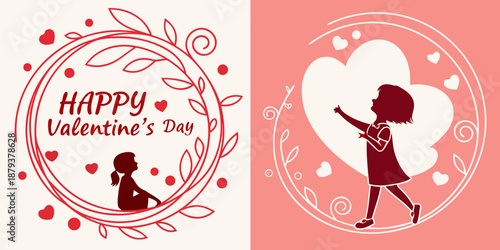 A cream background with a red floral frame encircles a seated girl silhouette surrounded by hearts, with the message “HAPPY Valentine's Day.”