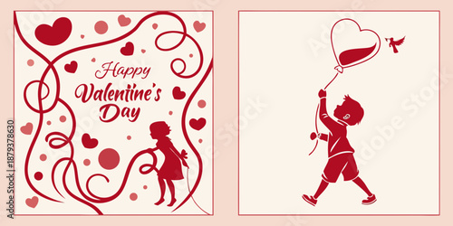 A joyful scene with swirling heart-shaped ribbons and floating hearts around the text "Happy Valentine's Day". At the bottom, a little girl in a dress is holding a butterfly while walking hand-in-hand