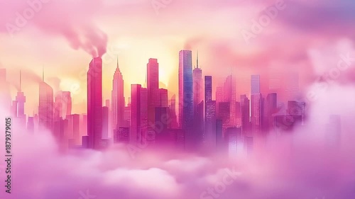Vibrant Pink And Purple Hues Envelop A Misty Metropolis Skyline At Sunrise With Wisps Of Smoke Rising From Distant Structures Creating An Ethereal Atmosphere
