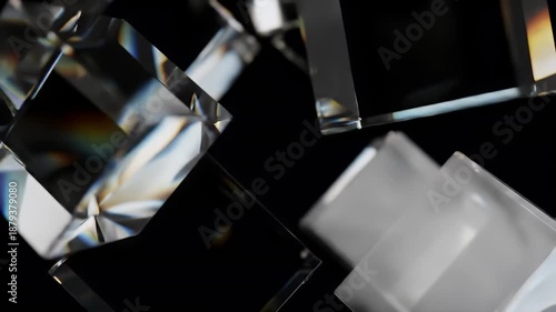 Abstract Close Up of Interlocking Transparent Glass Cubes Reflecting Light with Rainbow Refractions Against a Dark Background