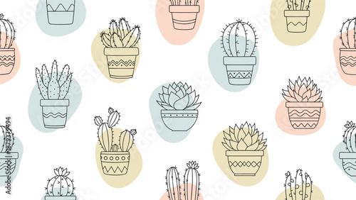 Seamless pattern of cute potted cacti and succulents in a simple line art style with pastel abstract shapes on a white background.