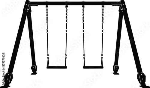 Black silhouette of a metal outdoor swing set with two seats for children playground, backyard recreation, park equipment, isolated vector.