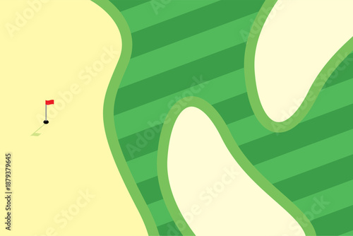 Golf course illustration Flat style vector of golf course with bunkers putting green and flag Golf course illustration for golfing poster web banner