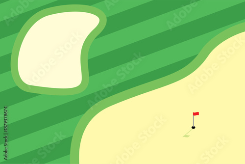 Golf course illustration Flat style vector of golf course with bunkers putting green and flag Golf course illustration for golfing poster web banner