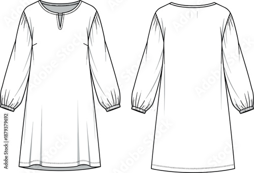 Women's Casual Peasant Tunic Dress with Gathered Long Bishop Sleeves, Front and Back Technical Fashion Flat Sketch Illustration, Vector Template.