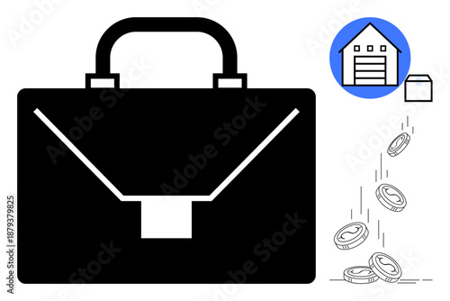 Business income, savings, financial planning, investment management, assets, economic growth. Black briefcase, falling coins storage unit icon. Business income and financial planning concept